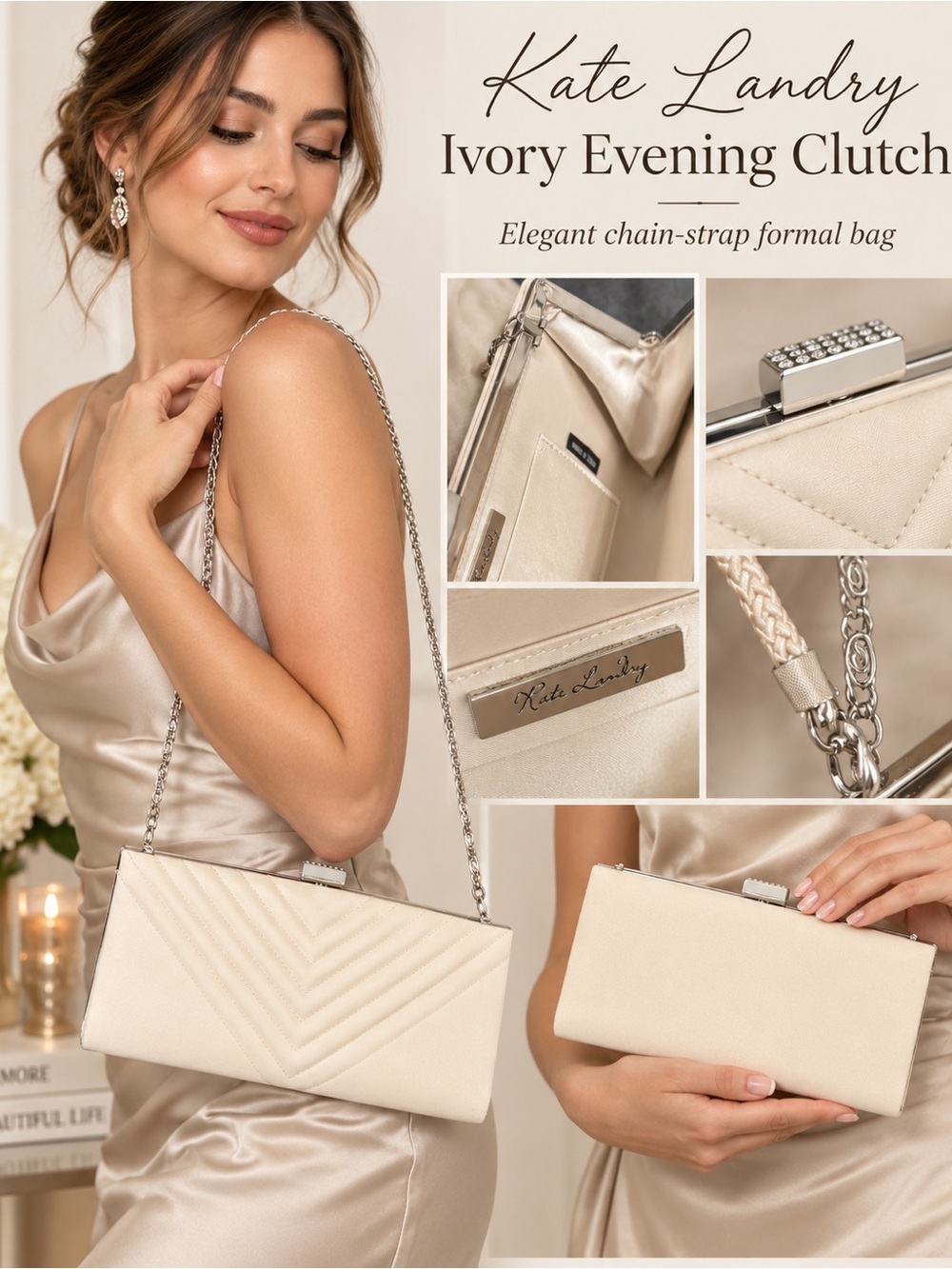Kate Landry Ivory Quilted Evening Clutch with Chain Strap